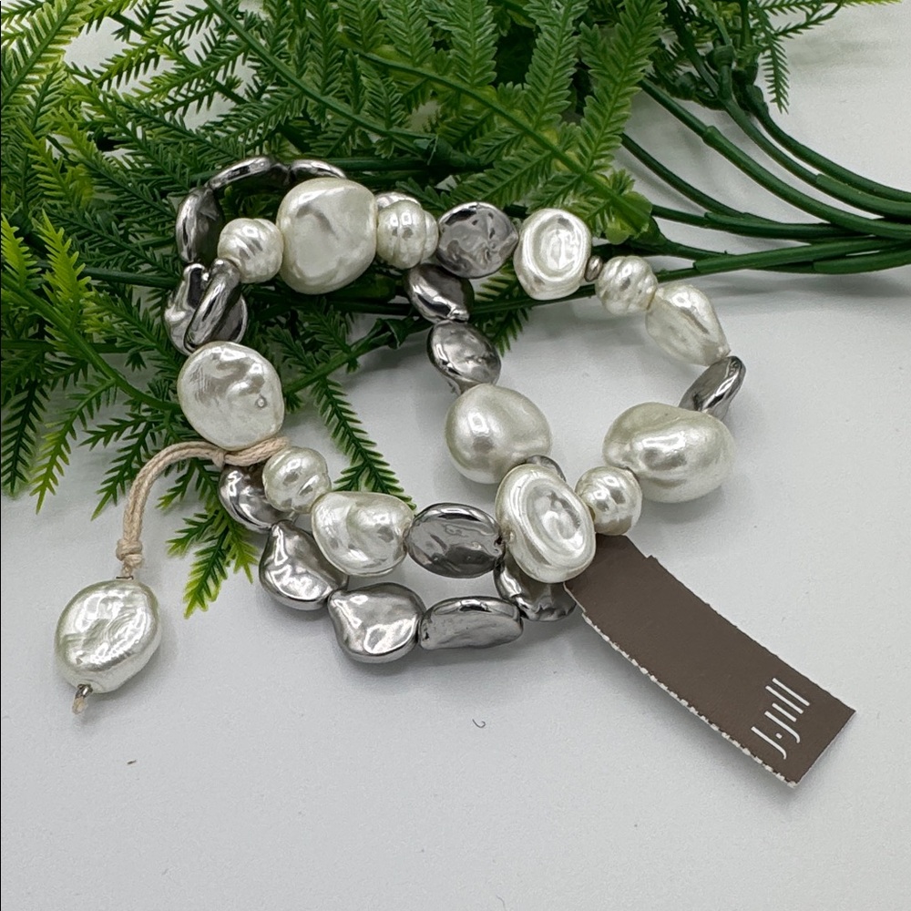 J. Jill Silver & Ivory Beaded Stretch Bracelet Set Faux Pearl  (BR1313/3) - Picture 6 of 7